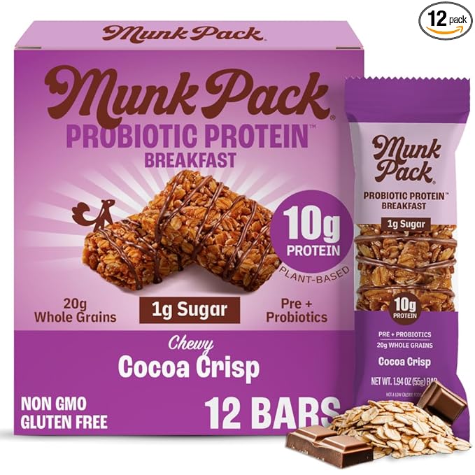 Munk Pack Probiotic Protein Bars - Cocoa Crisp | 10g Plant Protein, 1g Sugar, 6g Fiber | Diabetic-Friendly Ideal Breakfast Bars - On-the-Go Snacks, Gluten-Free, Non-GMO | 12 Count