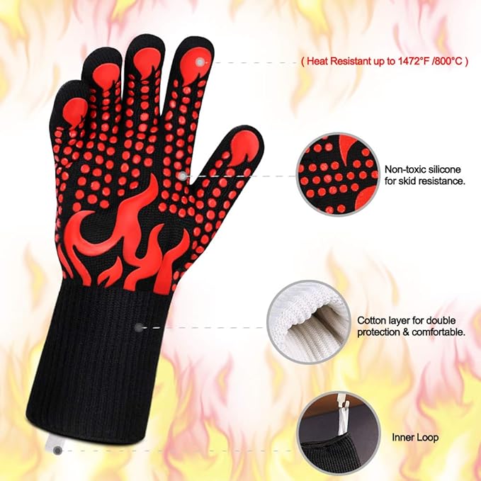 Comsmart BBQ Gloves, 1472 Degree F Heat Resistant Grilling Gloves Silicone Non-Slip Oven Gloves Long Kitchen Gloves for Barbecue, Cooking, Baking, Cutting