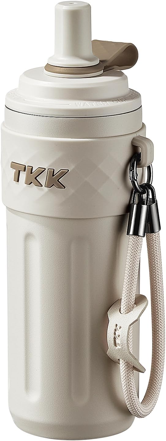 TKK 17 OZ Travel Tumbler Ceramic Lining with Straw Lid, Stainless Steel Vacuum Insulated Double Wall Coffee Tumbler, Leak Proof Iced Water Bottle with Carry Strap for Hot & Cold Drinks, Beige