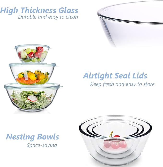 WhiteRhino Glass Mixing Bowls Glass Bowls with Lids Set(4.5QT,2.7QT, 1.1QT),Large Salad Bowls,glass mixing bowl Space-Saving Nesting Storage bowls for Cooking,Baking,Prepping,Dishwasher Safe