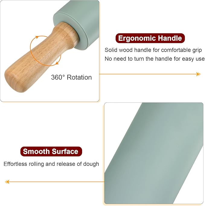 HARFINGTON Silicone Rolling Pins for Baking 15 Inch Wooden Handle Non Stick Rolling Pin Small Roller Playdough Rolling Pins for Dough Pizza Pastry Fondant Kitchen, Dark Green