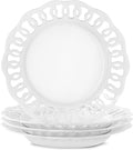 4 Pack 10" Dinner Serving Plates with Lace Rim, New Bone Porcelain Round Tableware Plates with Unique Hollow Out Design Scolloped Edge, White Dishes for Daily Use or as an Excellent Plate Idea