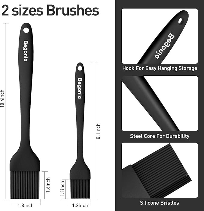 Pastry Brush-Begonia Silicone Basting Brush for Cooking,2pcs 10+8 in Heat Resistant Food Brushes for Baking, Grilling, Cooking and Spreading Oil (Black)