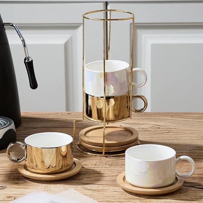 LUKA Porcelain Espresso Cup with Saucers and Metal Stand - 6 Ounce Stackable Ceramic Demitasse Espresso Mugs Cappuccino Cups Set for Latte, Coffee, Cafe Mocha, Tea - Set of 4,Shimmer Golden