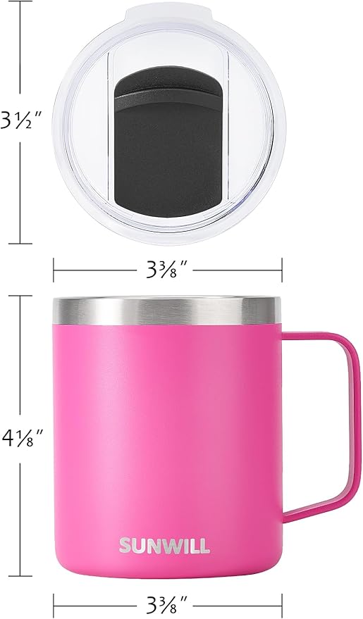 SUNWILL Insulated Coffee Mug with Lid, Travel Tumbler with Handle, 14 oz Stainless Steel Cup for Home, Office, Camping, Powder Coated Magenta