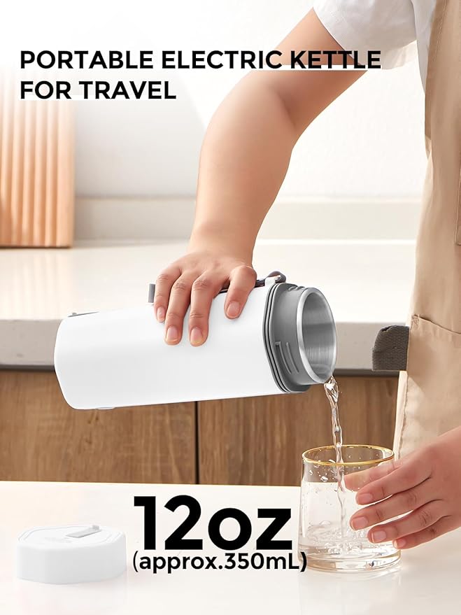 balbali Travel Kettle - 12oz Portable Electric Kettle for Boiling Water - Self Heating Cup/Thermos - Single Size Personal Tea Maker -Hot Water Boiler/Heater/Warmer - White