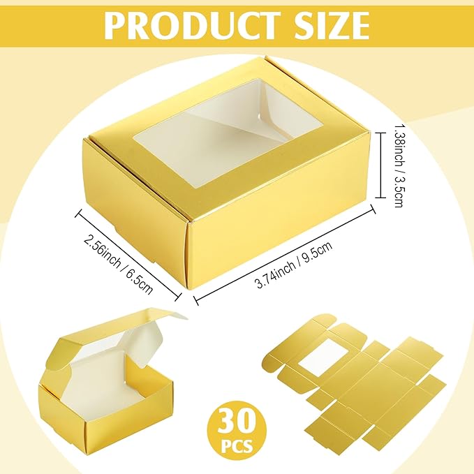 Zonon 30 Pcs Soap Boxes for Homemade Packaging, Mini Kraft Treat Boxes with Window for Bakery Candy Soap Making Gift Packaging(3.7 x 2.6 x 1.37 Inch,Gold)