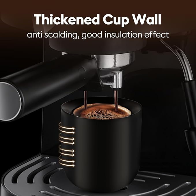 A set of 2 matte black ceramic espresso cups, thickened cup walls, slanted mouth design, each with a capacity of 3 ounces, hand washable only
