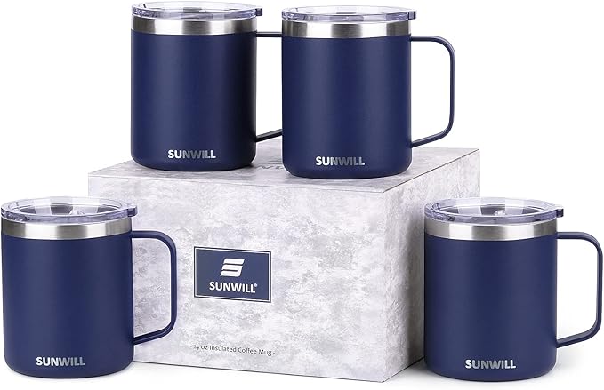 SUNWILL Travel Coffee Mugs Set of 4, Insulated Tumbler with Lid, 14oz Stainless Steel Cup with Handle Bulk for Gift, Camping, Office, Powder Coated Navy Blue