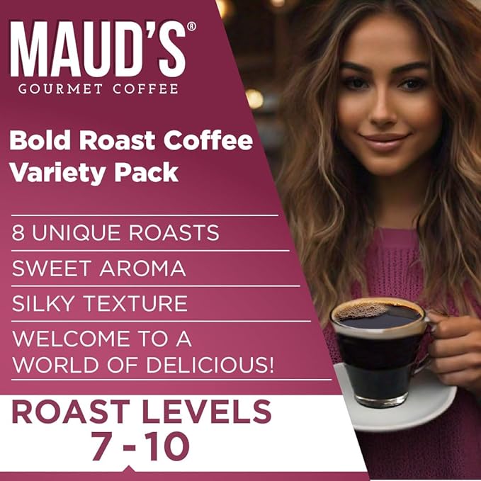 Maud's Bold Dark Roast Coffee Pods Variety Pack, 40 ct, 8 Assorted Dark Roast Flavors in Recyclable Single Serve Pods – 100% Arabica Coffee, Compatible with Keurig K Cups Maker