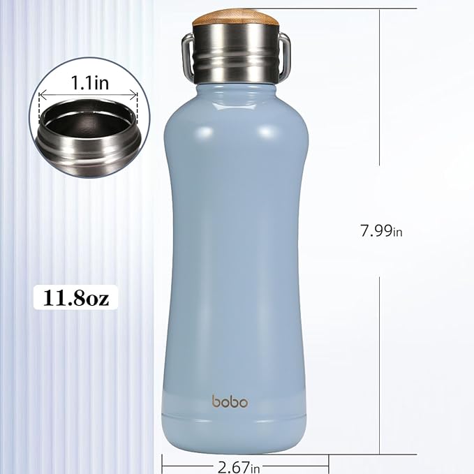 YOHKOH Mini Vacuum Insulated Water Bottle With Bamboo Lid - Stainless Steel Thermos Water Bottle for Women Girls Kids, Metal Sports Hot and Cold Water Bottle Leak-Proof BPA-Free (11.8oz,Blue)