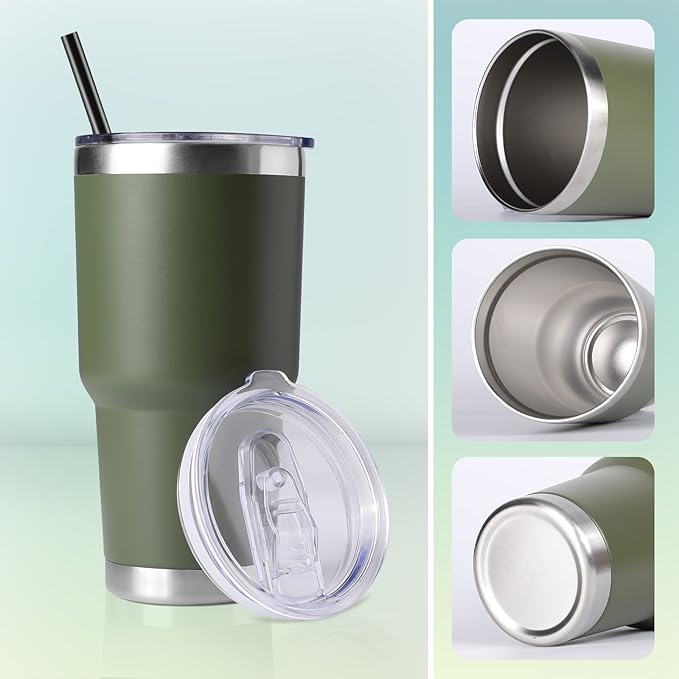 DOMICARE 30 oz Tumbler with Lid and Straw, Stainless Steel Tumblers Bulk, Insulated Vacuum Double Wall Travel Coffee Mug, Durable Powder Coated Tumbler Cups (Army Green, 12)
