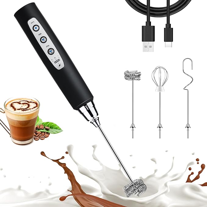 Nahida Black Milk Frother Wand for Coffee, Frother Handheld Rechargeable Electric Whisk Drink Mixer with 3 Heads 3 Speeds Coffee Frother Electric Stirrer For Latte, Cappuccino, Hot Chocolate
