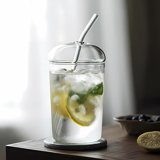 2 Pcs Drinking Glasses with Glass Lids and Glass Straw 16oz Glassware Set,Iced Coffee Glasses,Ideal for Water,Soda,Tea,Gift - with Cleaning Brushe