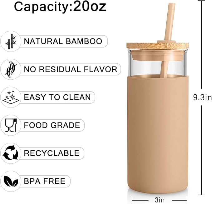 Tronco 20 oz Glass Tumbler with Lid and Straw, Reusable Iced Coffee Cup with Silicone Sleeve & Bamboo Lid, Smoothie Cup for Home, Office, for Father Men Day Gift from Wife Daughter Son (White)