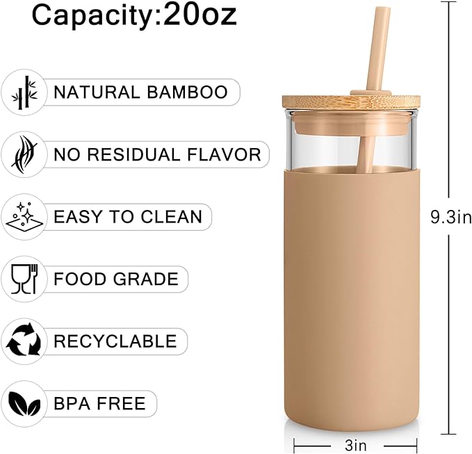 Tronco 20 oz Glass Tumbler With Lids and Straws, Glass Water Bottle Silicone Protective Sleeve, Iced Coffee Cup With Bamboo Lid, Reusable Smoothie Cup, BPA Free (Orange 1 Count)
