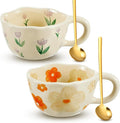 Vesici 2 Pcs Ceramic Coffee Mugs Flower Cups with Spoon Vintage Floral Mugs with Handle 8.5 oz Aesthetic Tea Porcelain Cup Gift for Valentine Office Home, Dishwasher and Microwave Safe(Charming)