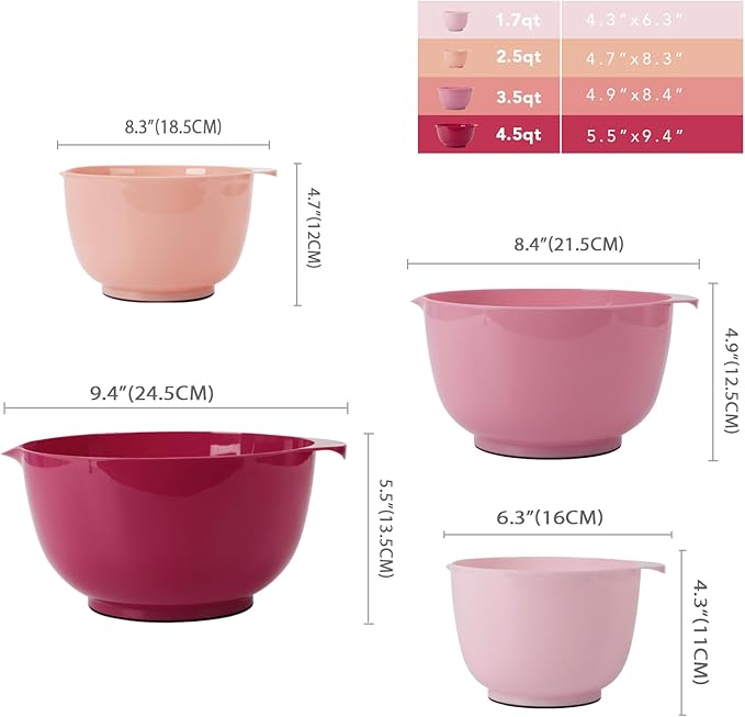 BoxedHome Classic Mixing Bowl Set, BPA Free Plastic, Microwave and Dishwasher Safe (Set of 4, Rose red), 4.5 quarts