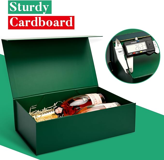 LIFELUM Gift Boxes with Lids 2 Pack 13.85 x 8.35 x 4.45 inch Green Christmas Gift Boxes with Strong Magnetic Lid for Presents with Luxury Accessories Card, Ribbon, Filler,Sticker