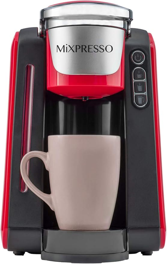Mixpresso Single Cup Coffee Maker Compatible With 1.0 & 2.0 Single Cup Pods, Removable 45oz Water Tank, Quick Brewing with Auto Shut-Off, One Touch Function (Red/Black)
