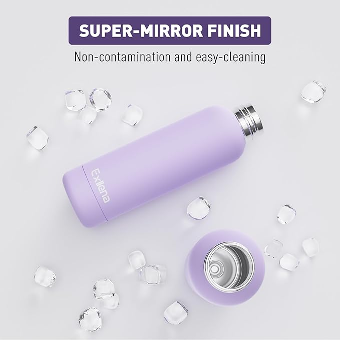 Slim Insulated Water Bottles for Travel 18oz with Clip, Double Wall Vacuum Stainless Steel Water Bottle Keeps Drinks Cold 24 Hrs/Hot 12 Hrs, 100% Leakproof, BPA Free(Purple)