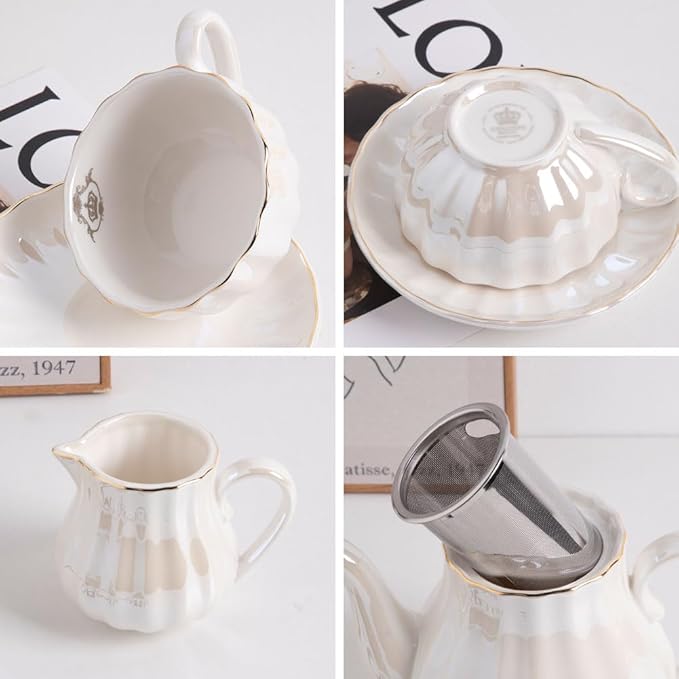 Porcelain Tea Sets British Royal Series, 8 OZ Cups& Saucer Service for 6, with Teapot Sugar Bowl Cream Pitcher Teaspoons and tea strainer for Tea/Coffee (Coral White)