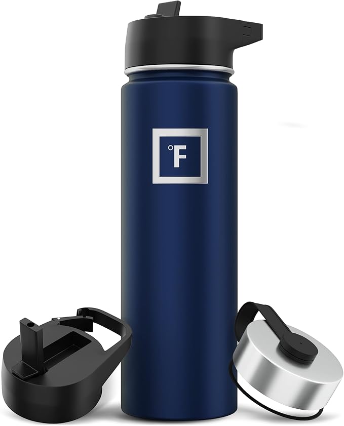 IRON °FLASK Camping & Hiking Hydration Flask with 3 Lids - Stainless Steel, Double Walled & Vacuum Insulated Water Bottle - Leak Proof & BPA Free (Twilight Blue, Straw - 22 oz)