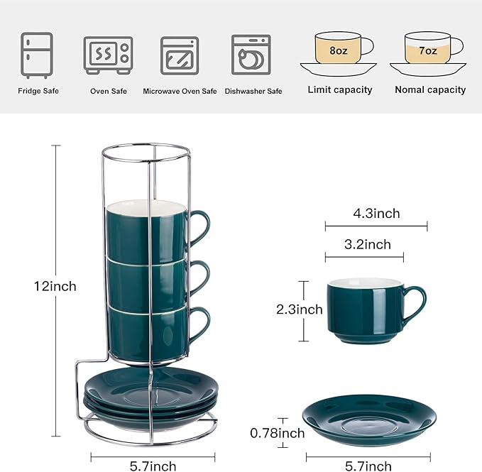 8 Ounce Porcelain Cappuccino Cups with Saucers and Silver Stand, Green Cups Set of 4