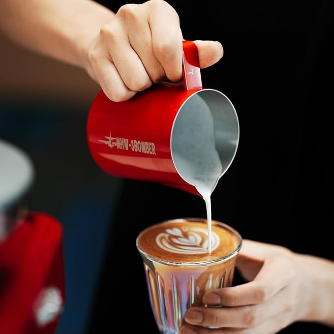 MHW-3BOMBER Milk Frothing Pitcher 16.9oz/500ml Latte Art Pitcher, Espresso Steaming Pitcher with Round Spout, Red P6741R