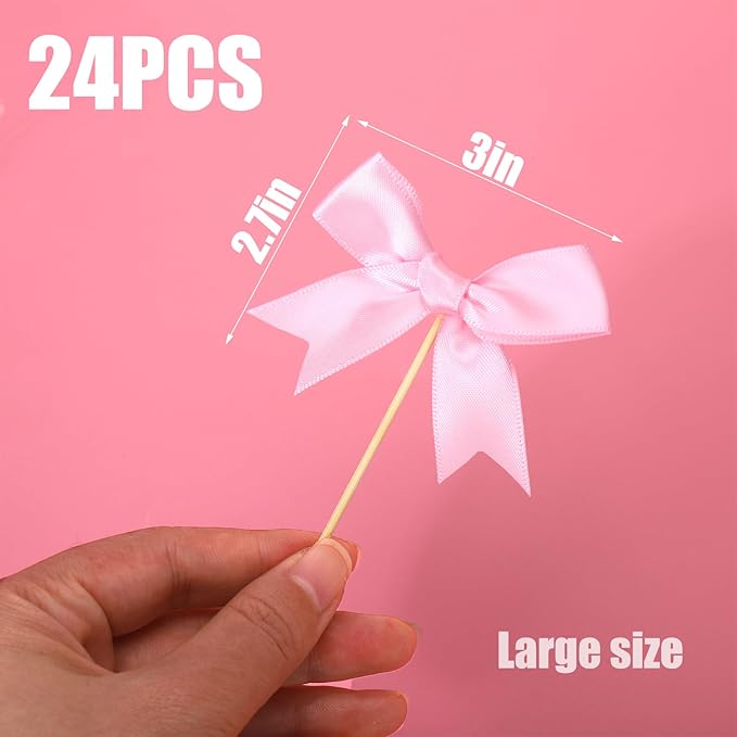 24Pcs Pink Bow Cupcake Toppers - Pink Bow Cake Topper Birthday Decorations, Bowknot Cupcake Picks for Coquette Bow Theme Party Decoration Bachelorette Bridal Engagement Wedding Baby Shower Party Decor