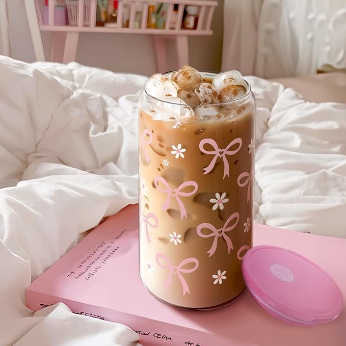SANDJEST Bow Glass Can, Bows Cup with Lid & Straw, Iced Coffee Aesthetic Cups, Idea Gift for Christmas Birthday Mother Day, Gifts for Women, 16oz