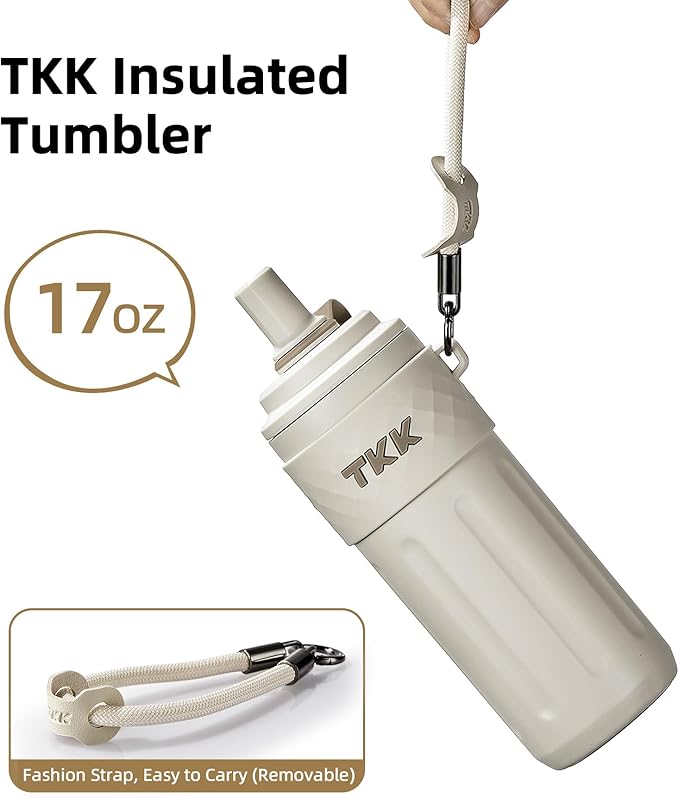 TKK 17 OZ Travel Tumbler Ceramic Lining with Straw Lid, Stainless Steel Vacuum Insulated Double Wall Coffee Tumbler, Leak Proof Iced Water Bottle with Carry Strap for Hot & Cold Drinks, Beige