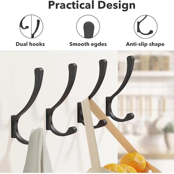2 Pack Hanging Coat Hooks Wall Mount, Coat Hanger Wall Hangers, Metal Hooks for Hanging Heavy Duty, Screw in Hooks for Hanging Towels, Clothes, Backpack, Hat, Bag, Jacket, Key, Robe, Backpack Black