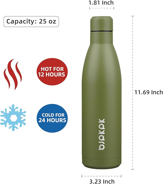 BJPKPK 25oz Insulated Water Bottle Double Wall Vacuum Insulated Stainless Steel Water Bottles for Spots Keep Cold and Hot,Olive Green