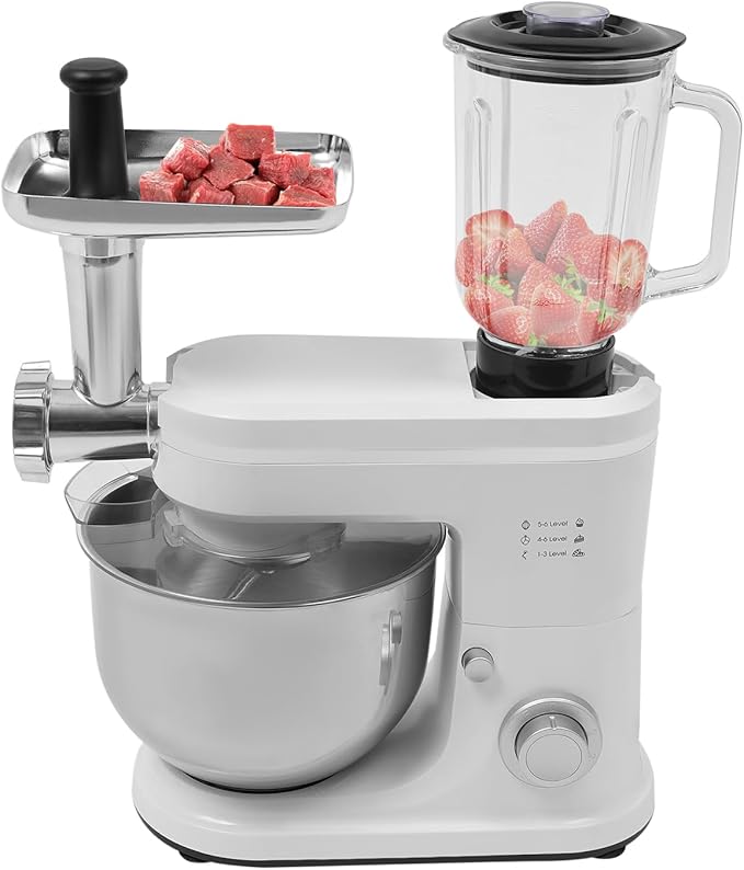 Stand Mixer, 3-in-1 Food Processor Multifunctional Electric Kitchen Mixer with 6 Accessories for Most Home Cooks, 6.34 Qt (White)