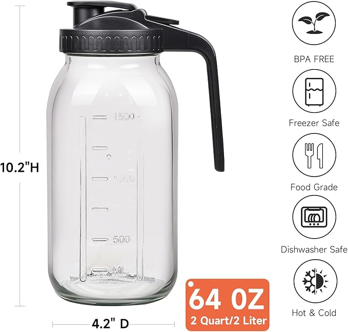 2 Pack 64oz Glass Mason Jar Pitcher with Airtight Lid and Handle – Wide Mouth, Leak-Proof, Ideal for Sun Tea, Cold Brew, Lemonade, Iced Coffee, Milk, and Water (Pink & Orange)