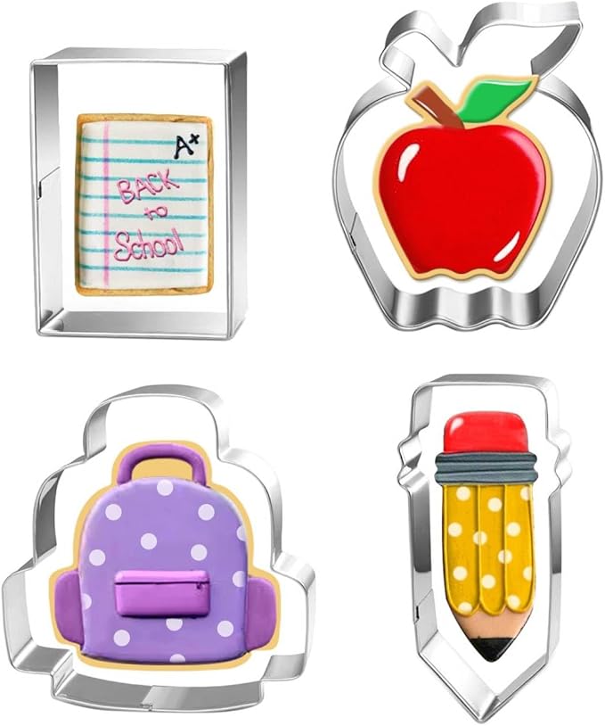 Back to School Cookie Cutter Set-4 Piece-Bag, Book, Apple, Pencil Fondant Biscui Cutters