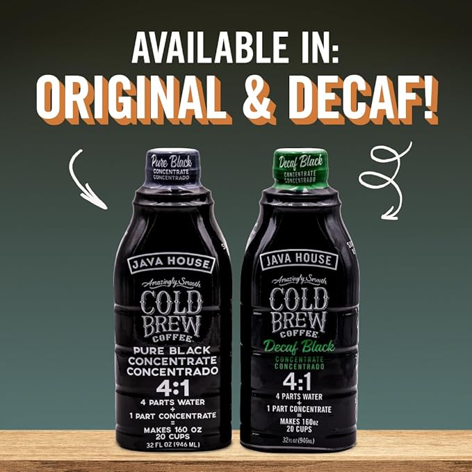 JAVA HOUSE Cold Brew Coffee, Decaf Colombian 4:1 Liquid Concentrate, 32 Ounce Bottle