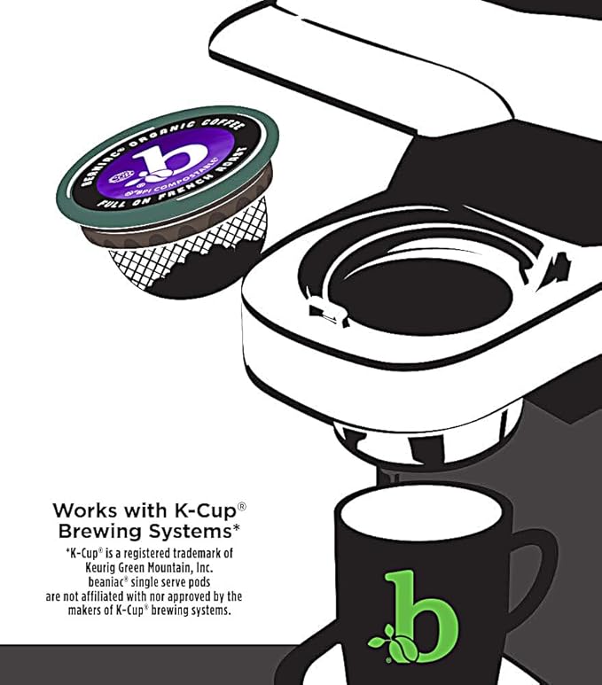 beaniac Organic Full On French Roast, Dark Roast, Single Serve Compostable K Cup Coffee Pods, Organic Arabica Coffee, Keurig Brewer Compatible, 30 Count