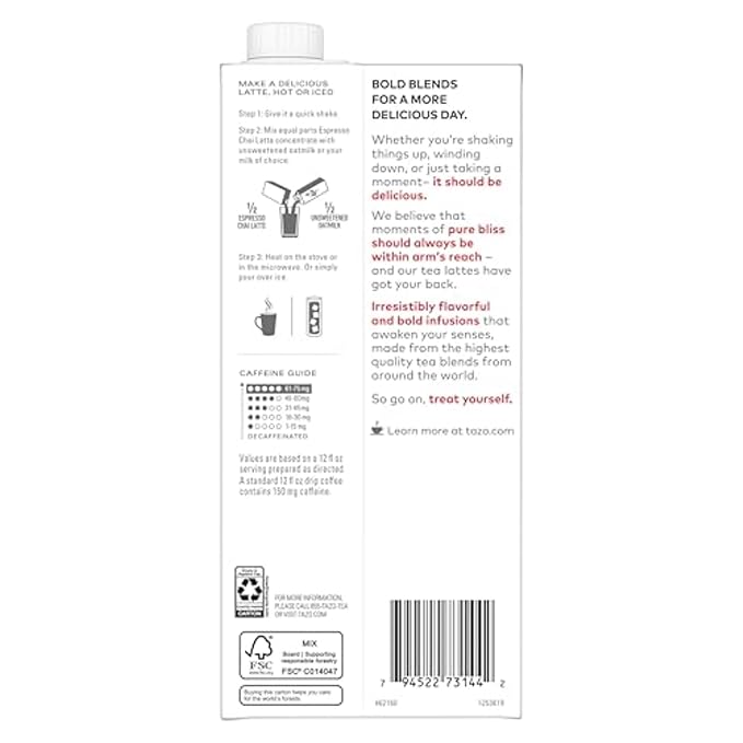 TAZO Espresso Chai Latte, Black Tea Concentrate, Easy to Serve Espresso Chai Tea for Everyday Cafe Style Lattes, Hot or Iced Coffee-like experience, Barista Approved, 32oz Tea Mix Carton