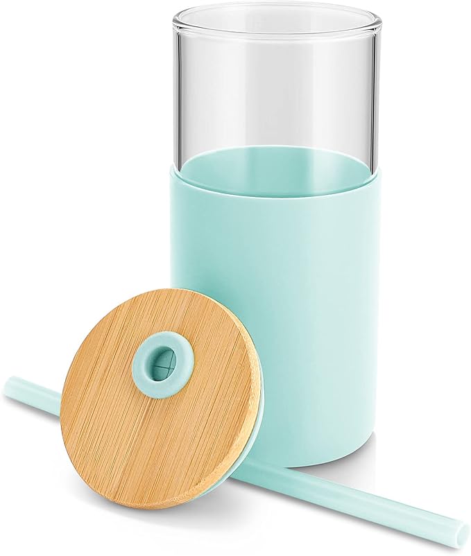 Tronco 16 oz Glass Tumbler with Straw and Bamboo Lid, Iced Coffee Cup Reusable, Smoothie Cups, Tumbler with Silicone Protective Sleeve - BPA Free