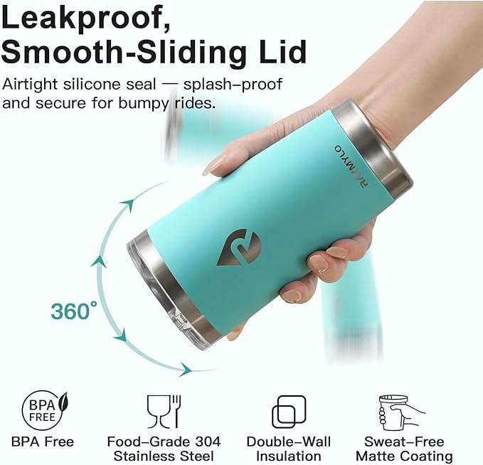 20 oz Coffee Tumbler - Insulated Stainless Steel Travel Mug for Hot/Cold, Spill Proof with BPA-Free Detachable Lid, Coffee Cup Fits Most Car holder, Includes Chic Stickers, Seafoam