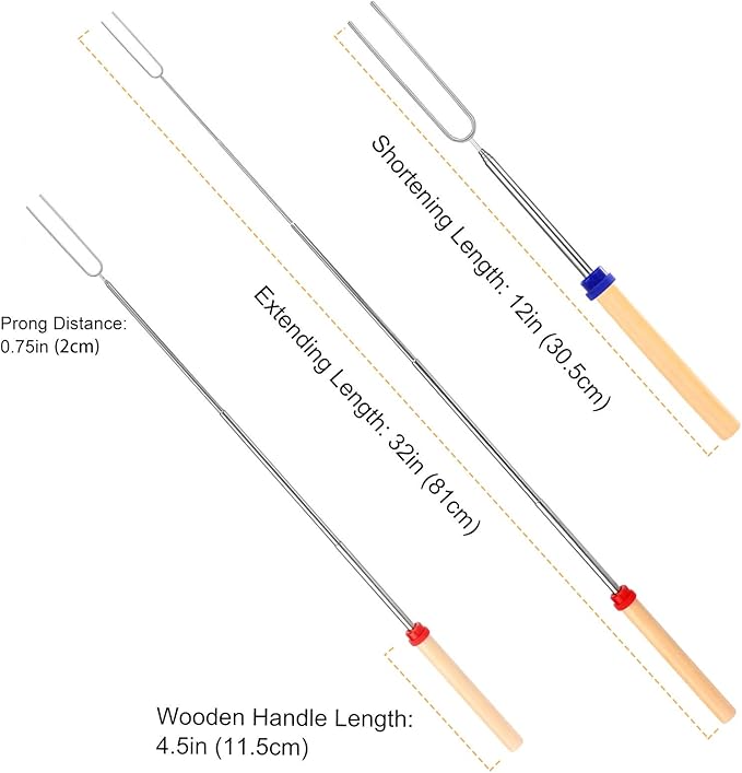 8 PCS Marshmallow Roasting Sticks, Telescoping Smores Sticks for Open Fire Pit, 32 Inch Long Marshmallow Toasting Barbecue Forks S'mores Skewers for Campfire Camping Hotdog Hot Dog Bonfire Grill