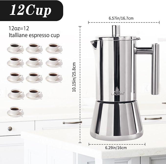 Stovetop Espresso Maker, 12Cup 17.5 oz Moka Pot, Stainless Steel Cuban and Italian Coffee Maker for Cafetera Cubana, Greca De Cafe Induction Stovetop Compatible, Coffee Gift for Home Travel