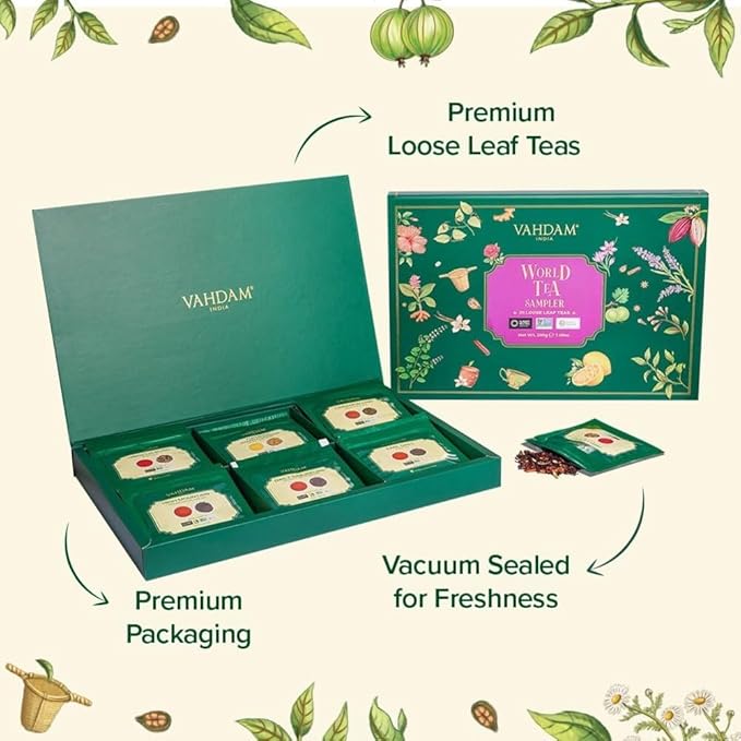 VAHDAM, World Top 20 Tea Sampler - Black, Green, Chai, Herbal & More | Assorted Loose Leaf Gift Set Variety Pack | Tea Gift Ideas for Women & Men