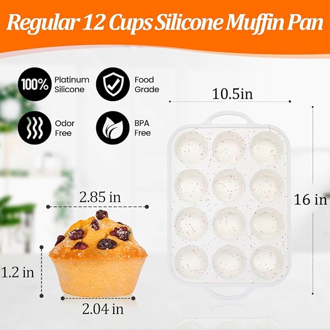 Silicone Muffin Pan, Metal Reinforced Frame Regular Size 2.8 Inch Cupcake Pan with Handle 12 Cups Nonstick Muffin Tray for Baking BPA Free 1 Pack Confetti