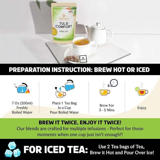 BREWIX, Tulsi Holy Basil Tea Bags (25 Pyramid Bags) | Tulsi Leaves | Holy Basil & Chamomile | Caffeine Free | Herbal Tea Bags | Calming, Fresh and Cool Flavor