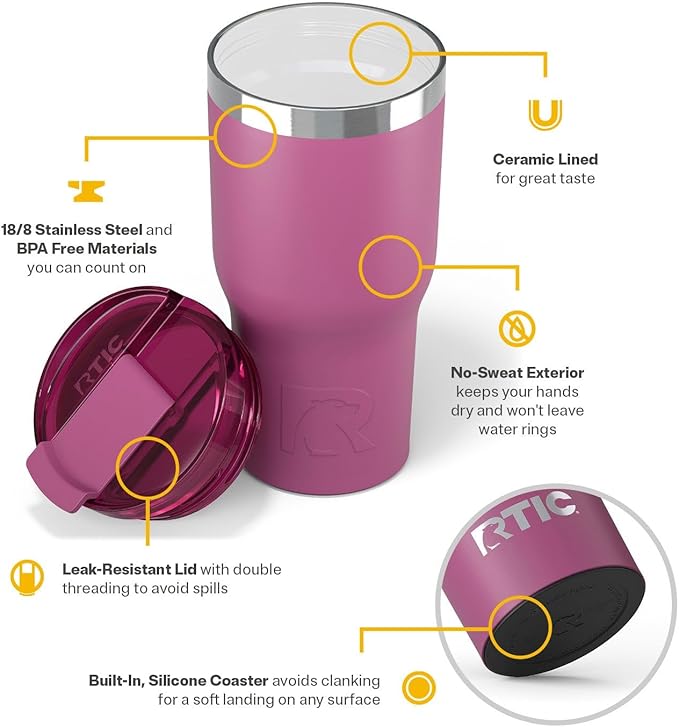 RTIC 20oz Essential Tumbler with Lid, Insulated, Stainless Steel, Metal, Double Wall Vacuum-Insulation, Ceramic Lined, Travel Cup for Iced Coffee, Tea, Hot and Cold Drink, Orchid