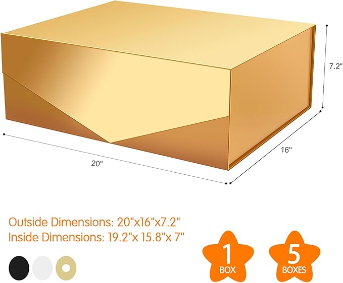 JINGUAN 19.2x15.8x7 Inches, Extra Large Gift Box with Lid, Bridesmaid Proposal Box with Magnetic Closure, Giant Gift Box for Clothes and Large Gifts (Glossy Gold)