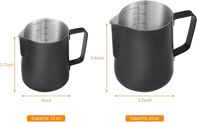 2 Pack Matte Black Milk Frothing Pitcher, 12oz/350ml & 20oz/600ml Espresso Steaming Pitcher, Stainless Steel Milk Frother Steamer Cup, Perfect for Espresso Coffee Cappuccino Latte Art